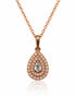 9ct rose gold pear-shaped diamond pendant with double pavé halo on fine cable chain