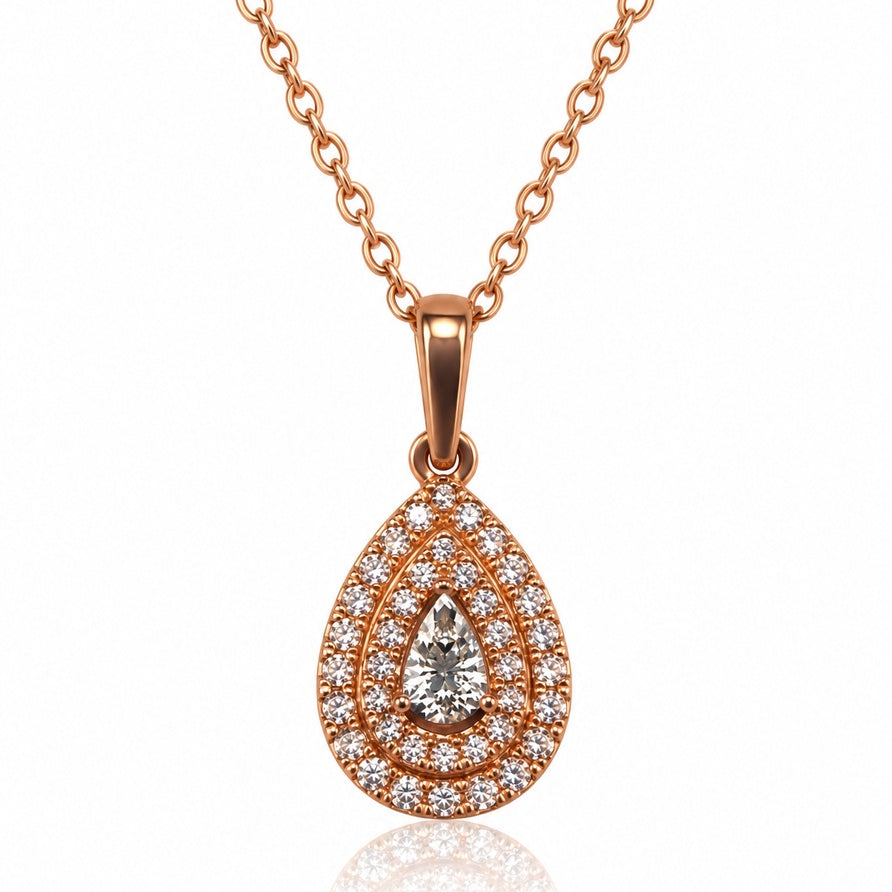 9ct rose gold pear-shaped diamond pendant with double pavé halo on fine cable chain