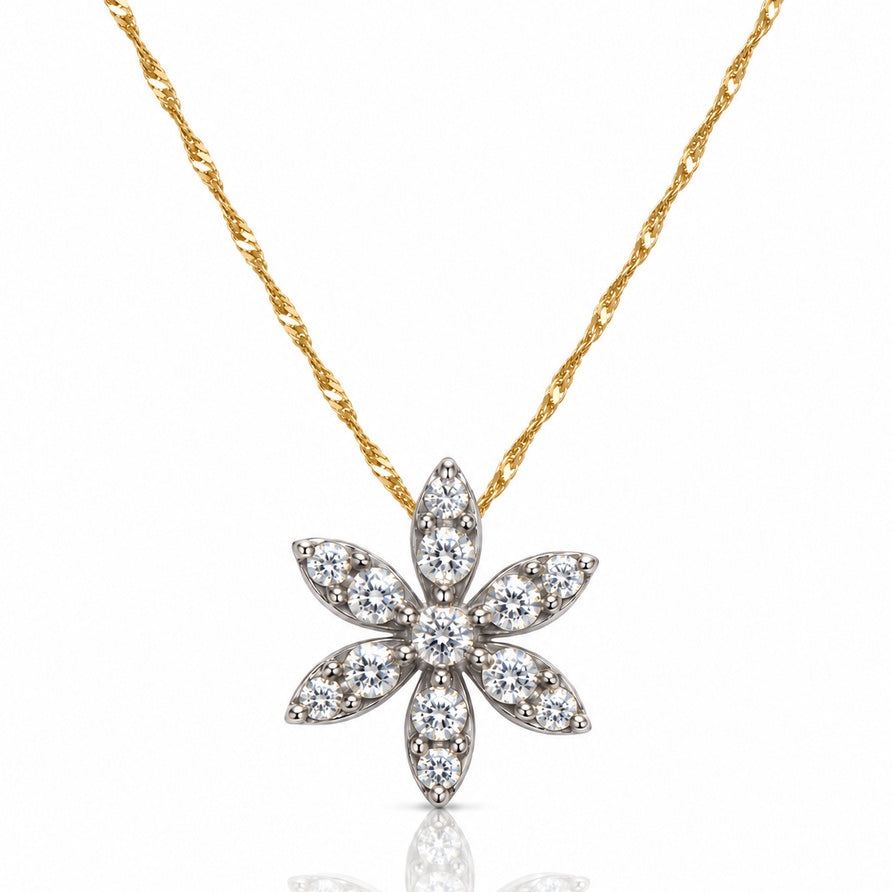 9ct yellow gold six-petal flower pendant with round diamonds on a twisted singapore chain