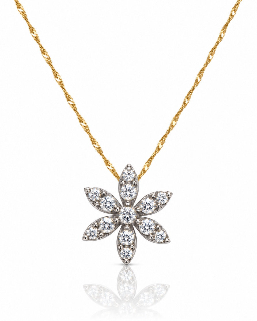 9ct yellow gold six-petal flower pendant with round diamonds on a twisted singapore chain