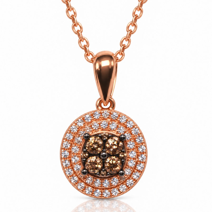 9ct rose gold round disc pendant with cognac diamond cluster and white diamond halo