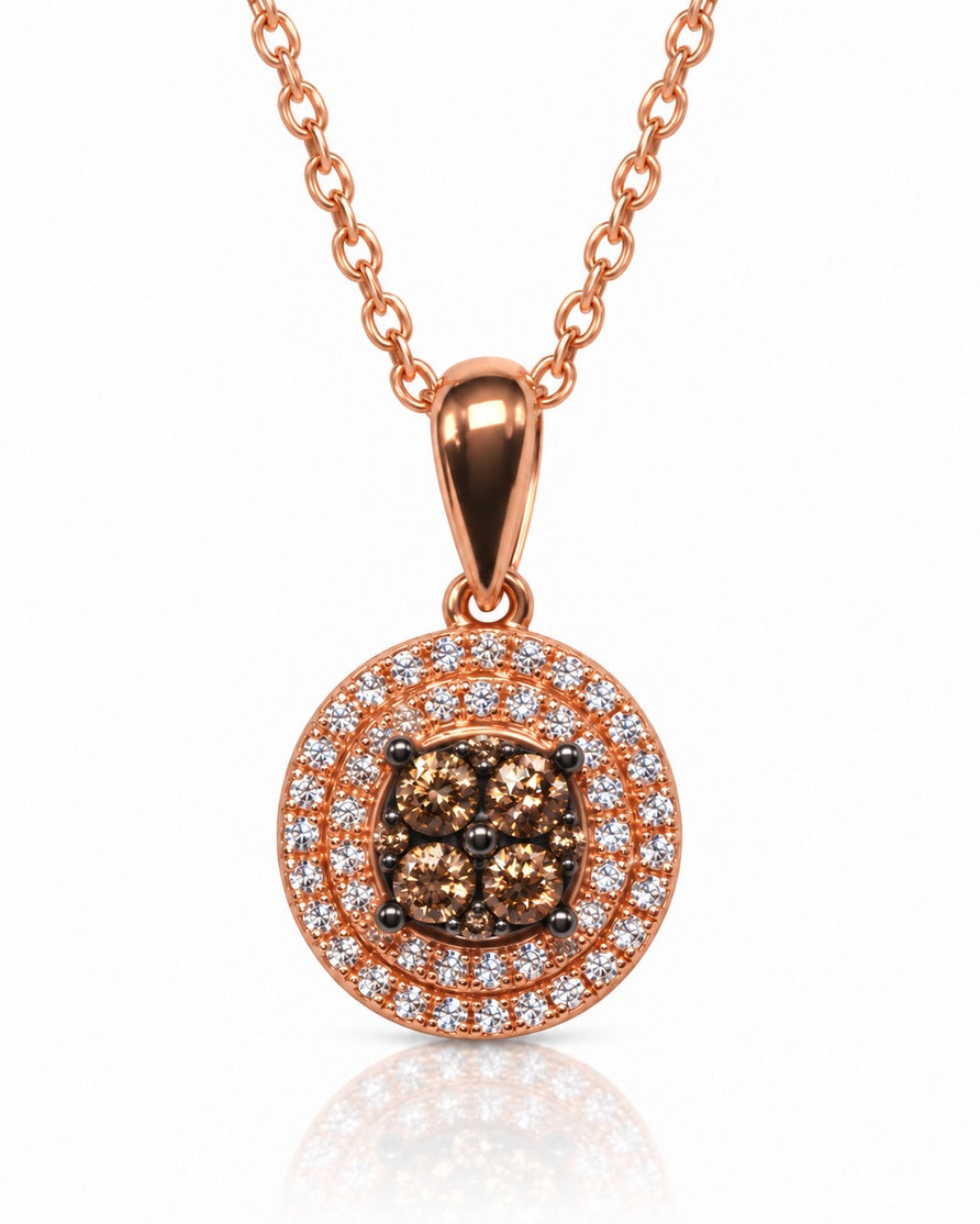 9ct rose gold round disc pendant with cognac diamond cluster and white diamond halo