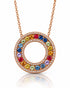 9ct rose gold circle of life disc pendant with rainbow sapphires and diamond edges