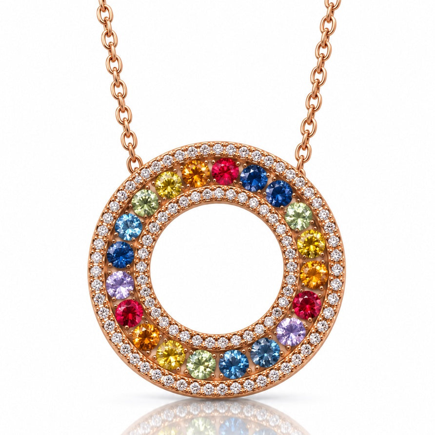 9ct rose gold circle of life disc pendant with rainbow sapphires and diamond edges