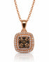 9ct rose gold cushion double halo pendant with cognac diamond cluster on cable chain