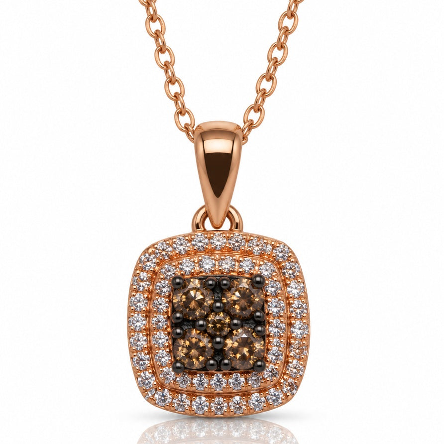 9ct rose gold cushion double halo pendant with cognac diamond cluster on cable chain