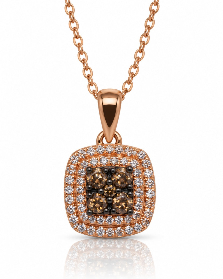 9ct rose gold cushion double halo pendant with cognac diamond cluster on cable chain