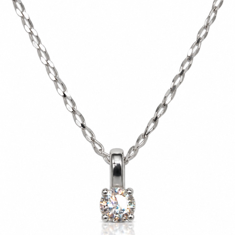 9ct white gold solitaire pendant with round diamond in four claws on flat-link chain