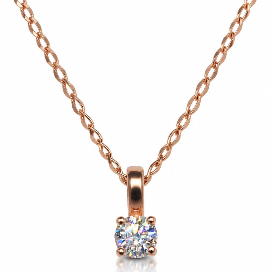 9ct rose gold solitaire pendant with round diamond in four claws on curb chain