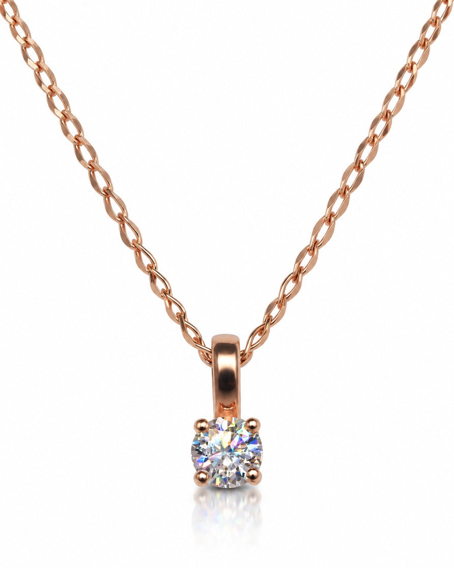 9ct rose gold solitaire pendant with round diamond in four claws on curb chain