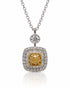 Cushion-shaped yellow and white gold diamond halo pendant on a white gold cable chain