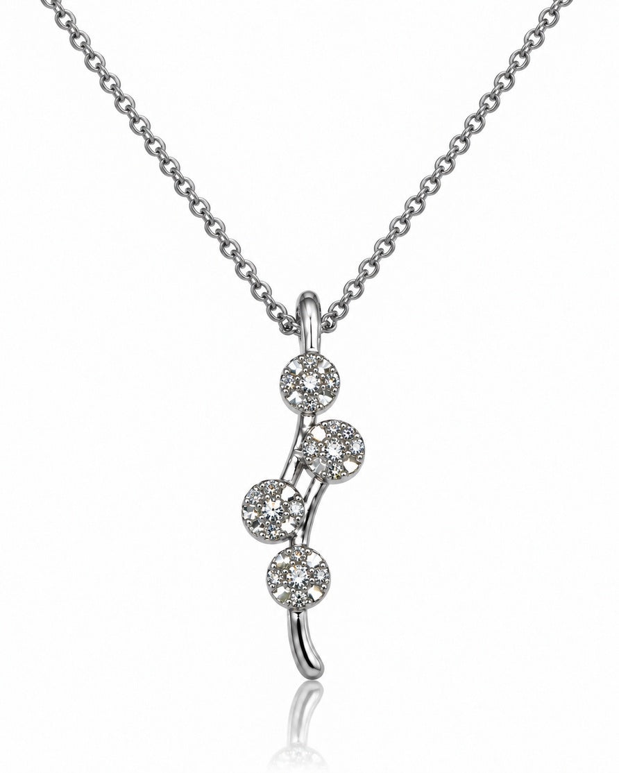 9ct white gold cluster pendant with four illusion-set discs on fine 45cm cable chain