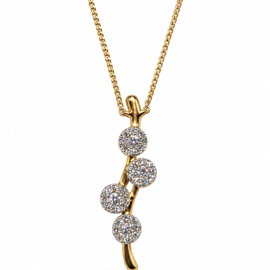 9ct yellow gold pendant with four staggered pavé diamond discs on a branch-style stem