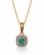 Round emerald in cushion-shaped diamond halo pendant on fine cable chain, 9ct yellow gold