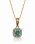 Round emerald in cushion-shaped diamond halo pendant on fine cable chain, 9ct yellow gold