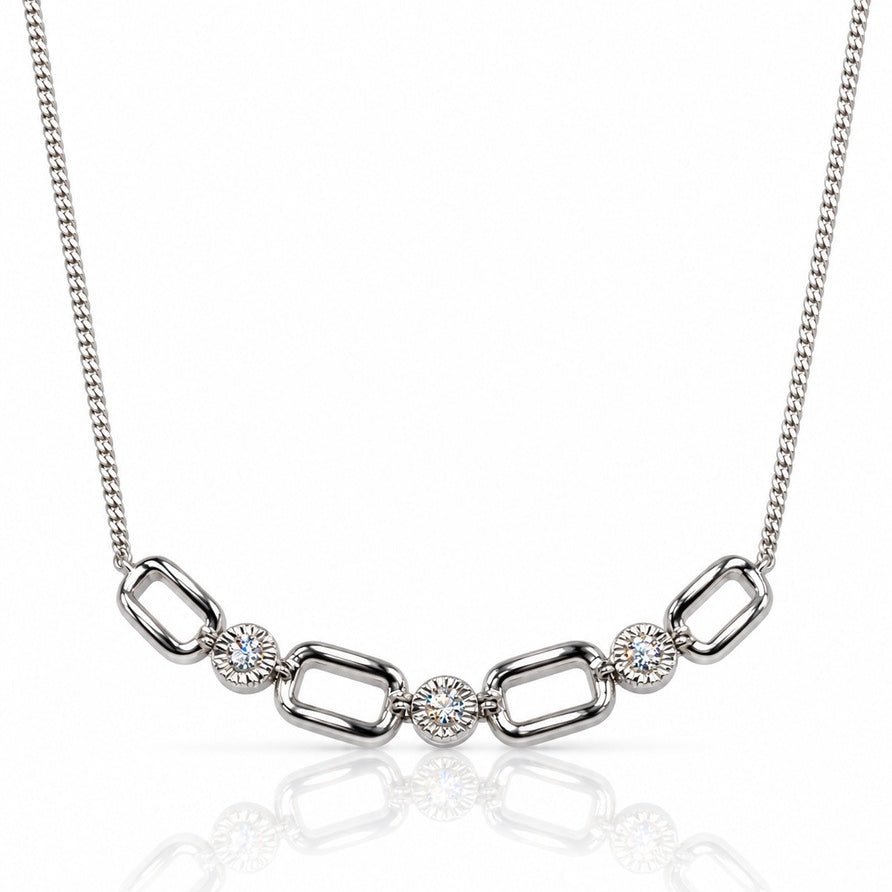 9ct white gold pendant with three illusion-set round diamonds on a fine curb chain