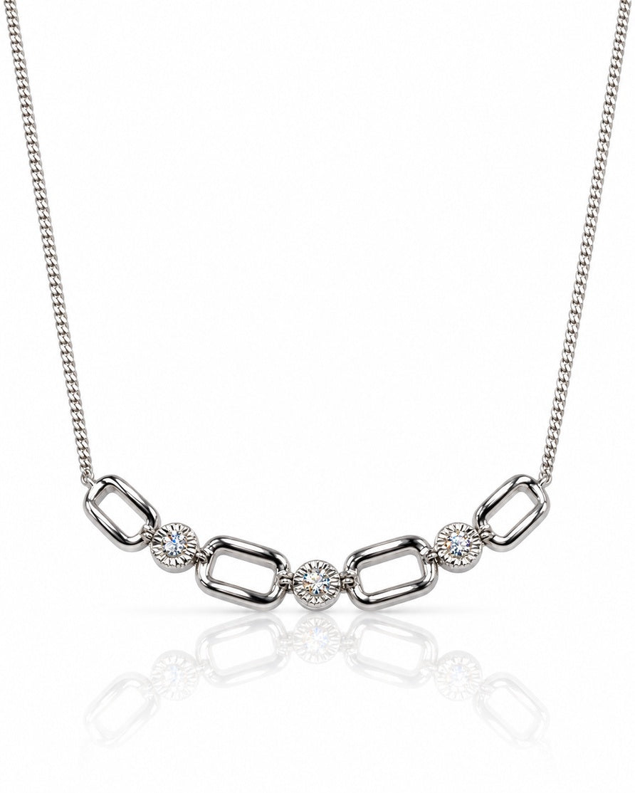 9ct white gold pendant with three illusion-set round diamonds on a fine curb chain