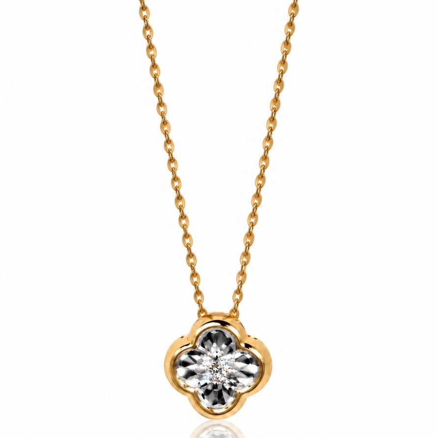 9ct yellow gold four-leaf clover pendant with bezel-set round diamond on fine trace chain