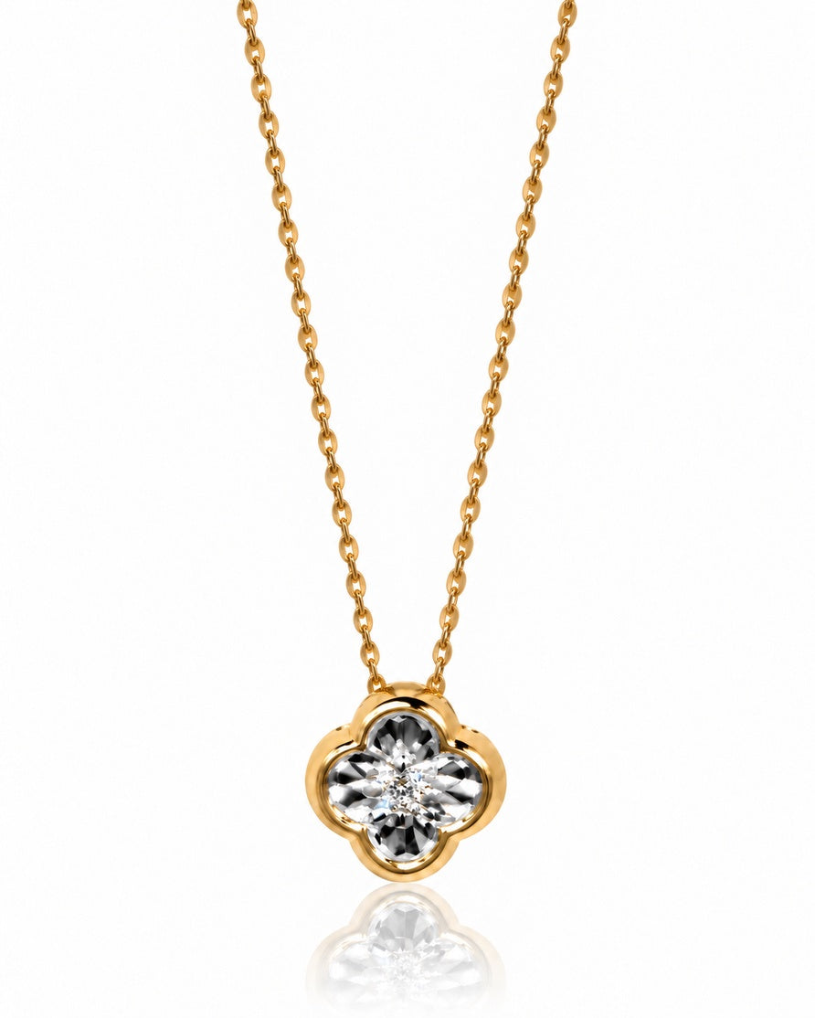 9ct yellow gold four-leaf clover pendant with bezel-set round diamond on fine trace chain