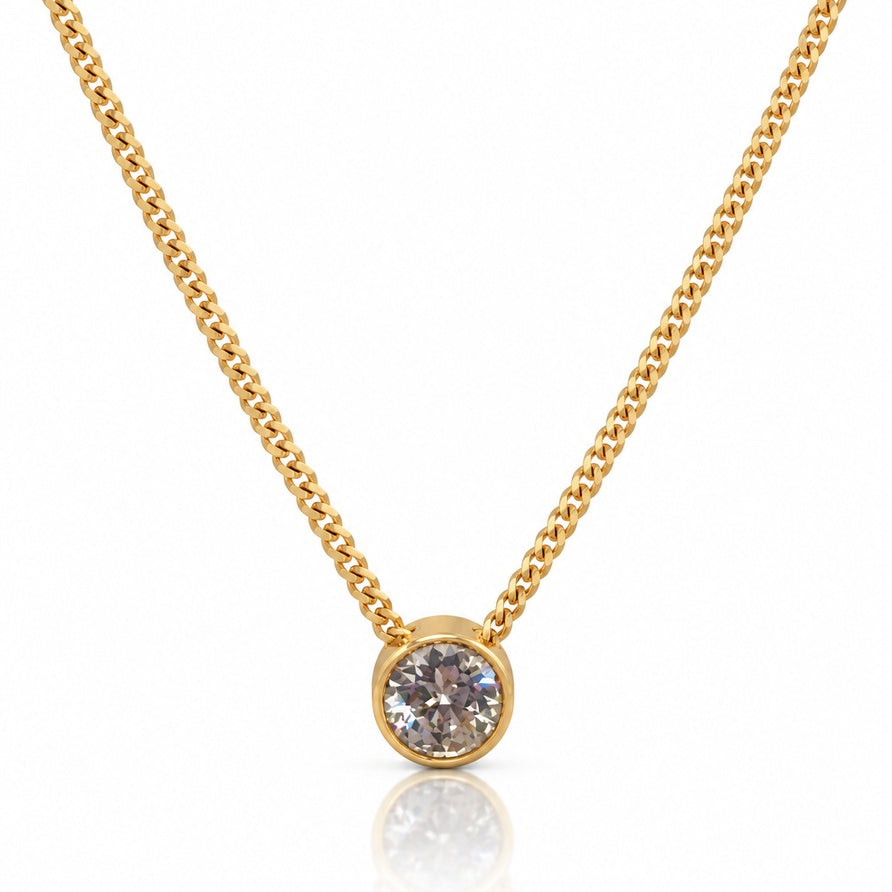 9ct yellow gold bezel solitaire pendant with round diamond on fine curb chain