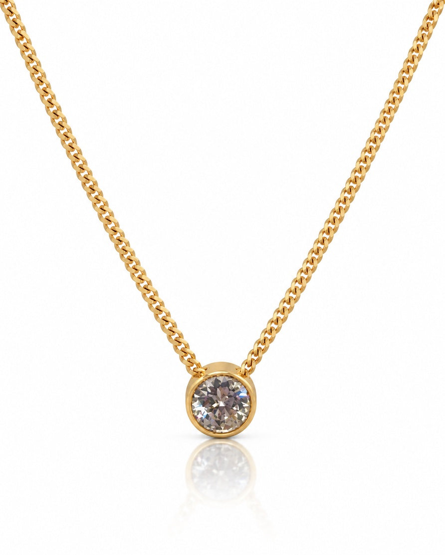 9ct yellow gold bezel solitaire pendant with round diamond on fine curb chain
