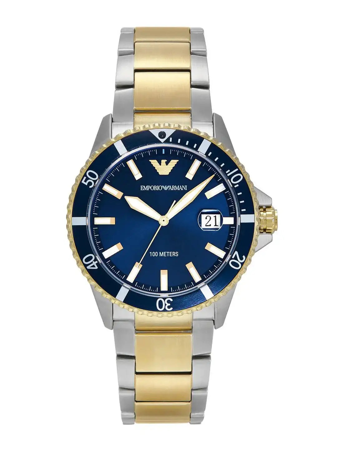 Emporio Armani AR11362 men's two-tone stainless steel chronograph watch with a blue sunray dial.