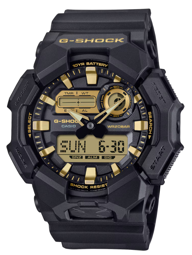 Casio G-Shock GA-010GB-1A9DR black resin analog-digital watch with gold accents and 200m water resistance