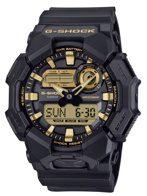 Casio G-Shock GA-010GB-1A9DR black resin analog-digital watch with gold accents and 200m water resistance