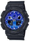 Casio G-Shock GA-100FL-1A quartz chronograph watch with metallic blue dial and black resin case on white background