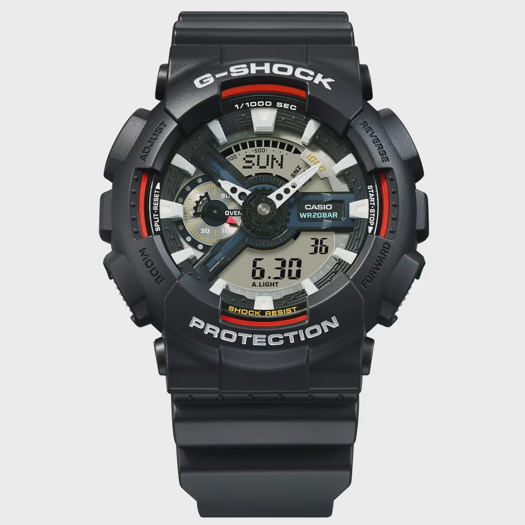 Casio G-Shock GA-110RL analogue-digital quartz watch with black resin case and strap, multi-colour dial with red and gold accents, 200m water resistance