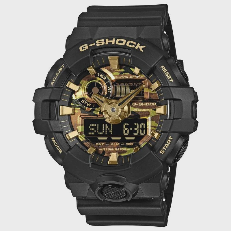 Casio G-Shock GA-700CF-1A black resin analog-digital watch with camouflage dial and gold-tone accents