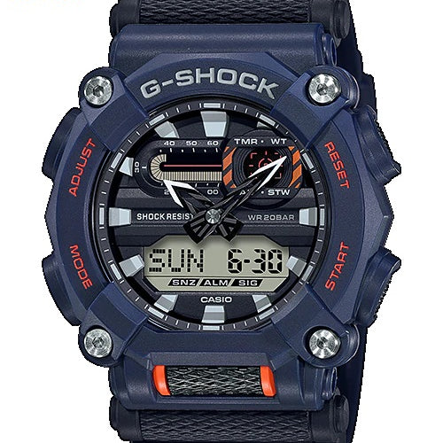 Casio G-Shock GA-900-2A blue resin ana-digi watch with black dial and orange accents on white background