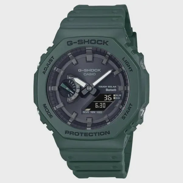Casio G-Shock GA-B2100-3A military green resin analog-digital watch with round case and grey dial