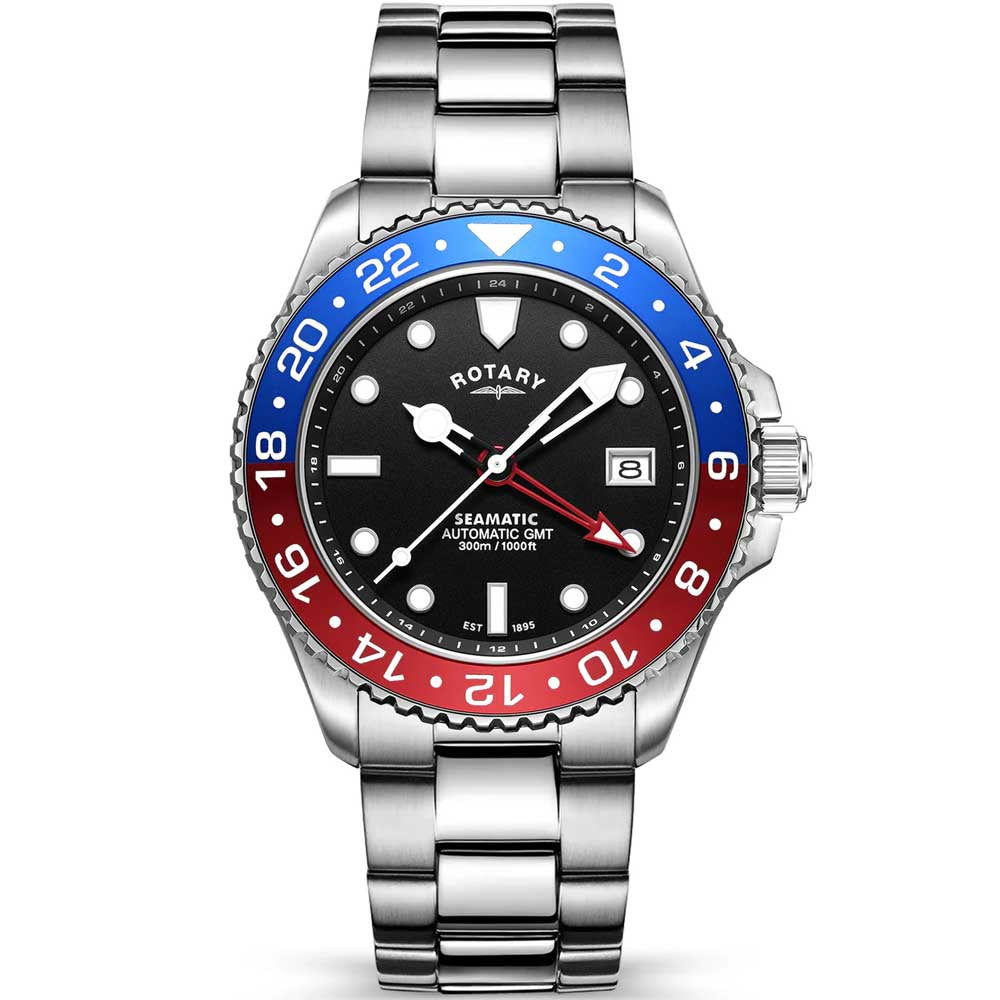 Rotary Seamatic Automatic GMT Diver Watch with 42mm stainless steel case, blue and red Pepsi bezel, black dial with luminous markers, GMT complication, and integrated steel bracelet on white background
