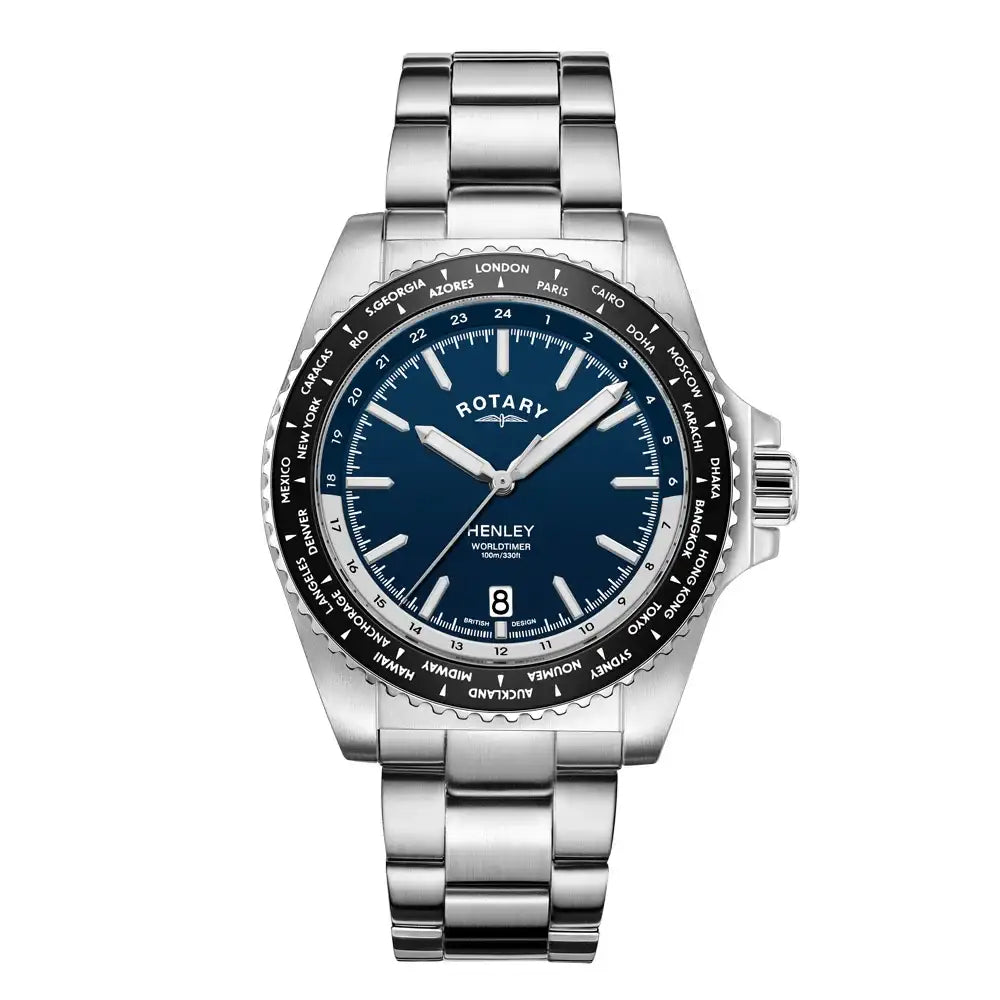 Rotary Henley WorldTimer GB05370/88 quartz watch with blue sunray dial, bi-directional world time bezel, and stainless steel bracelet on white background