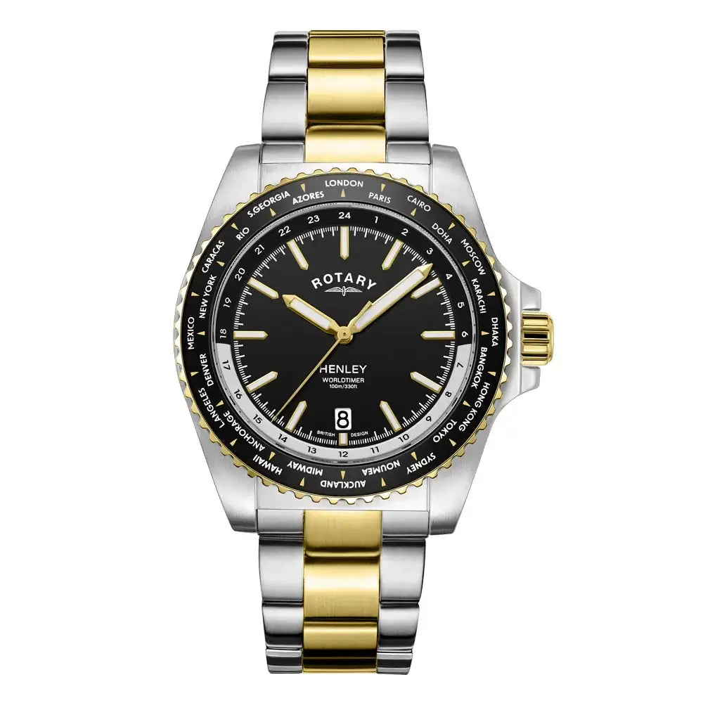Rotary Henley GB05371/04 quartz world timer watch with black dial, two-tone stainless steel bracelet, sapphire crystal, and bi-directional bezel displaying 24 world cities