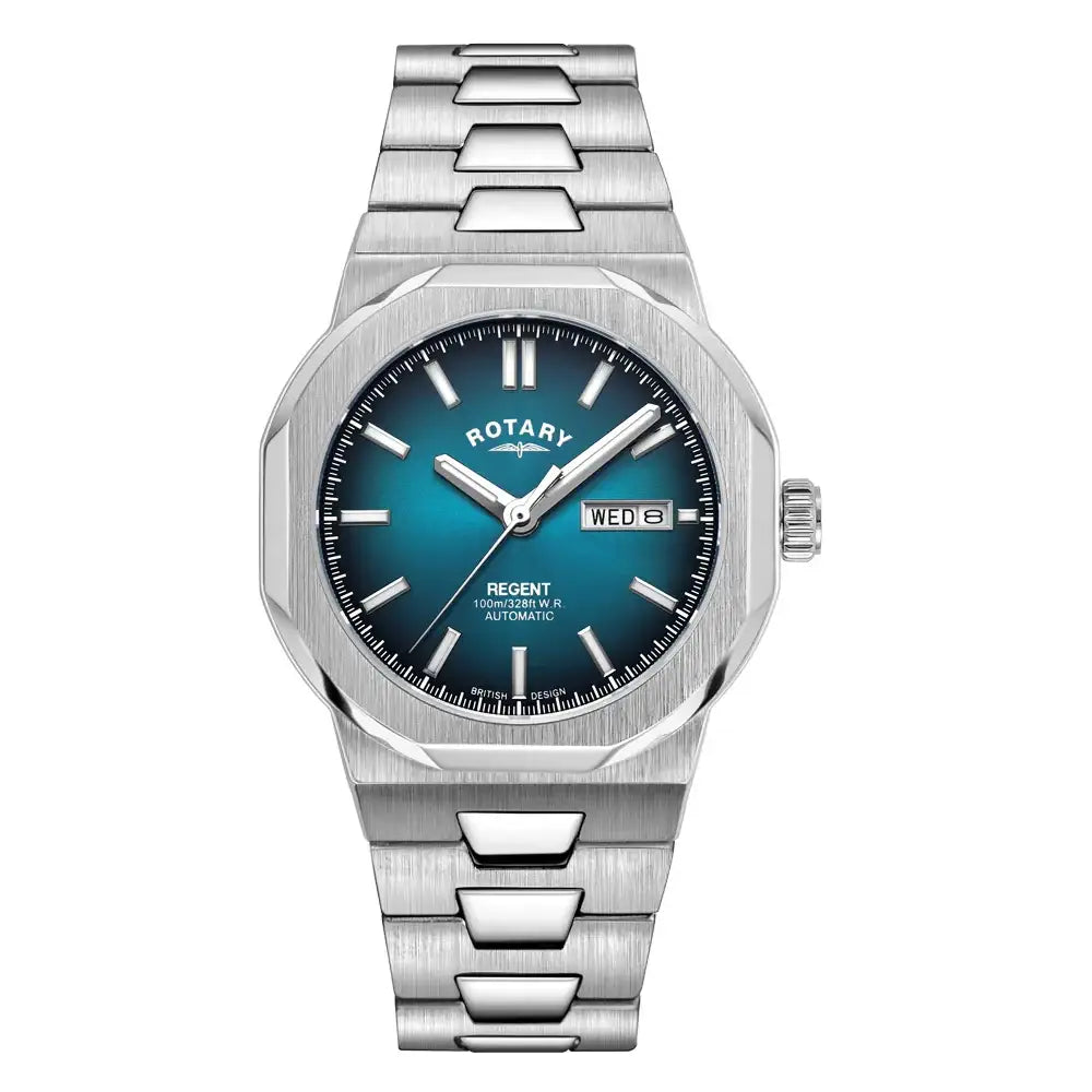 Rotary Regent GTS GB05490/73 automatic watch with teal blue gradient dial, integrated stainless steel bracelet, and day-date complication