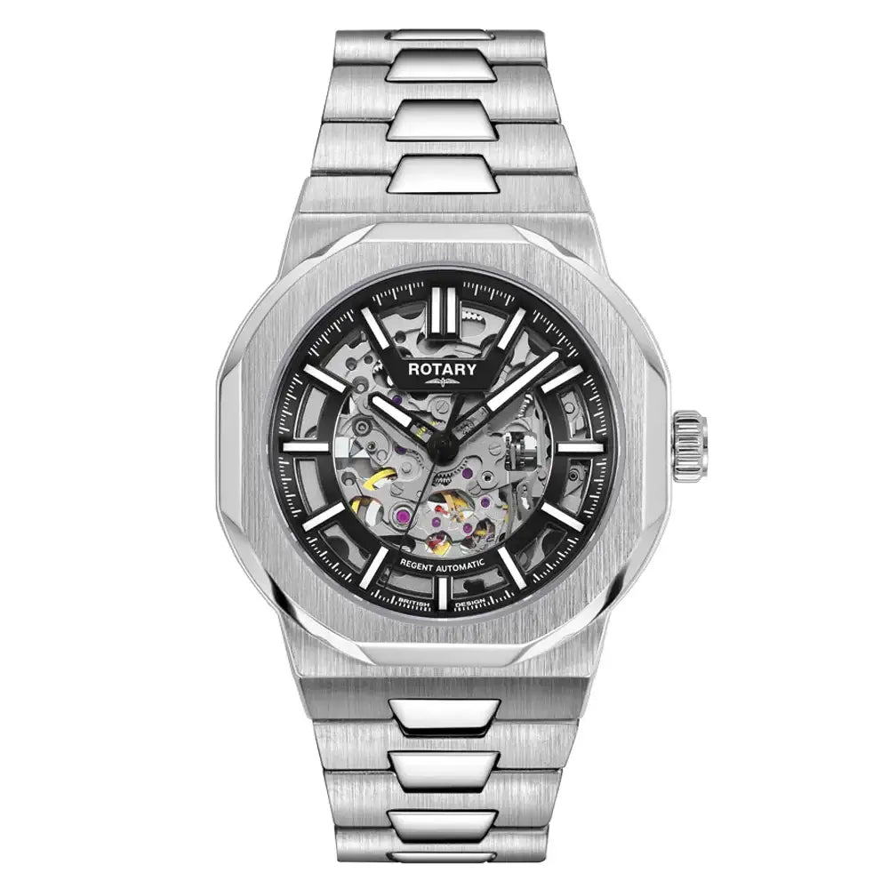 Rotary Regent GB05495/04 automatic skeleton watch with black dial and stainless steel integrated bracelet
