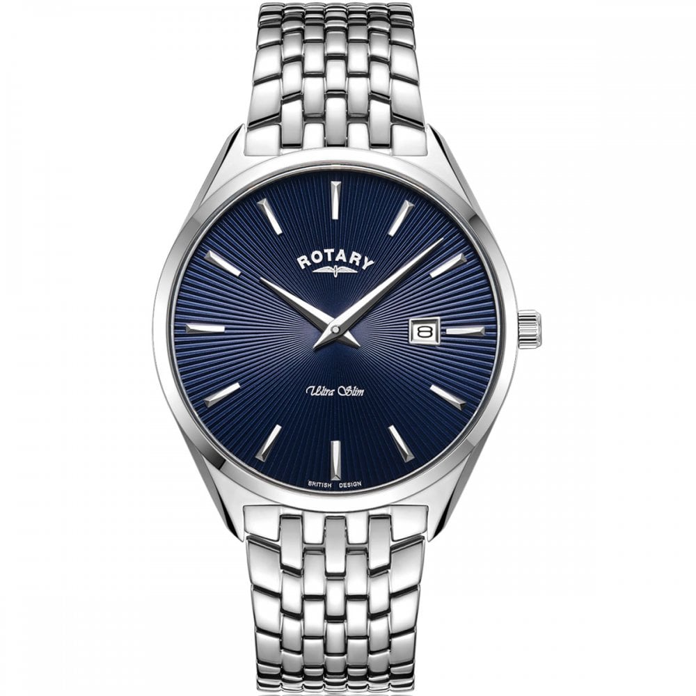 Rotary Ultra Slim GB08010/05 men's quartz watch with 38mm stainless steel case, blue guilloché sunray dial, sapphire crystal, date window, and polished seven-link bracelet
