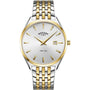 Rotary Ultra Slim GB08011/02 two-tone quartz watch with silver guilloché dial, 38mm stainless steel case, yellow gold PVD bezel, and integrated five-link bracelet