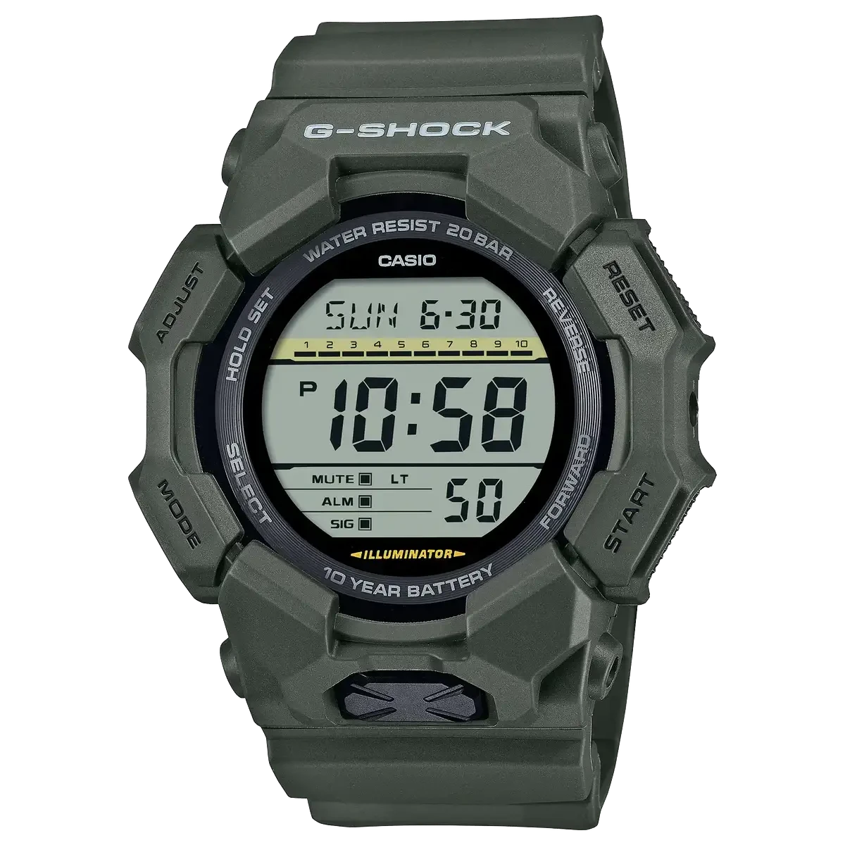 Casio G-Shock GD-010-3 military green digital watch with bio-based resin case and 10-year battery life