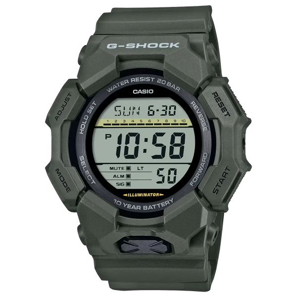 Casio G-Shock GD-010-3 military green digital watch with bio-based resin case and 10-year battery life