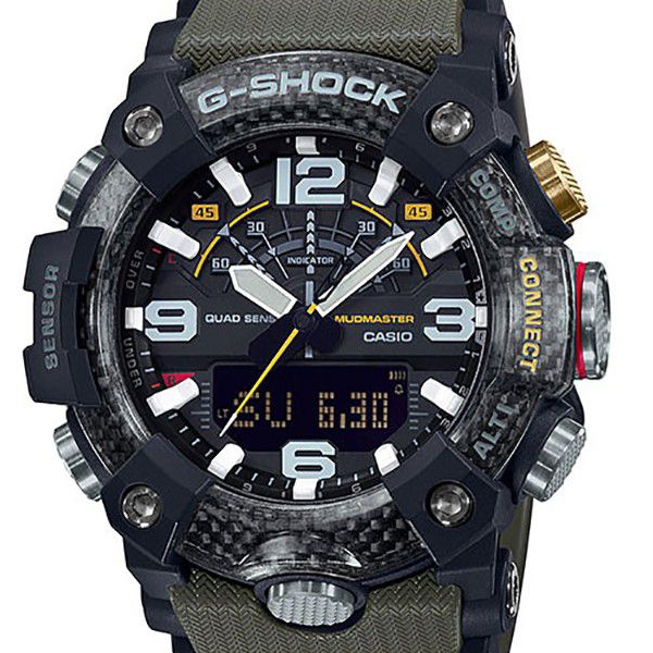 Casio G-Shock Mudmaster GG-B100-1A3DR black dial tactical watch with olive green resin strap and Quad Sensor technology