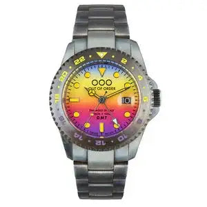 Out Of Order Swiss GMT Los Angeles watch with sunset gradient dial aged stainless steel case and bracelet OOO.001-19.LA