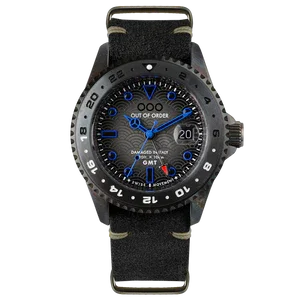 Out Of Order GMT Tokyo Shibuya Swiss quartz watch with 44mm ultra-distressed black DLC case, dark grey dial with blue and yellow GMT accents, and black NATO strap