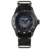 Out Of Order GMT Tokyo Shibuya Swiss quartz watch with 44mm ultra-distressed black DLC case, dark grey dial with blue and yellow GMT accents, and black NATO strap
