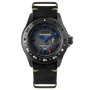 Out Of Order GMT Tokyo Shibuya Swiss quartz watch with 44mm ultra-distressed black DLC case, dark grey dial with blue and yellow GMT accents, and black NATO strap