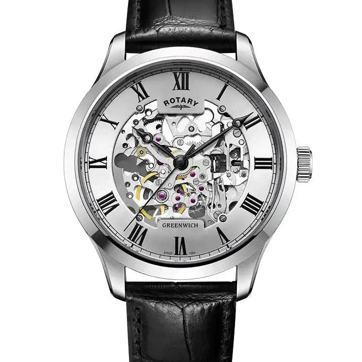 Rotary Greenwich Automatic Skeleton Dial Stainless Steel Watch GS02940/06 with black leather strap and exposed movement