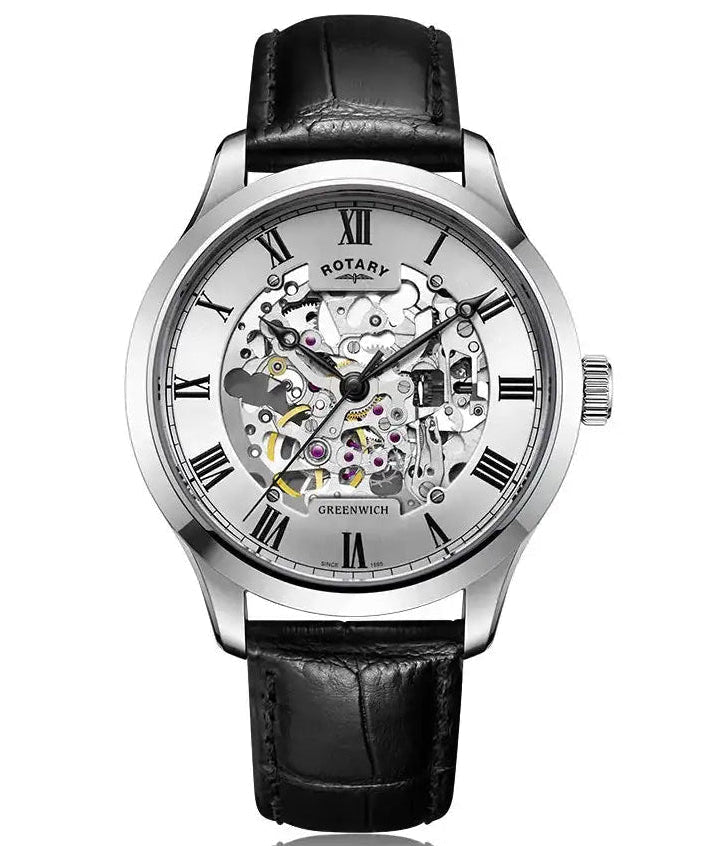 Rotary Greenwich Automatic Skeleton Dial Stainless Steel Watch GS02940/06 with black leather strap and exposed movement