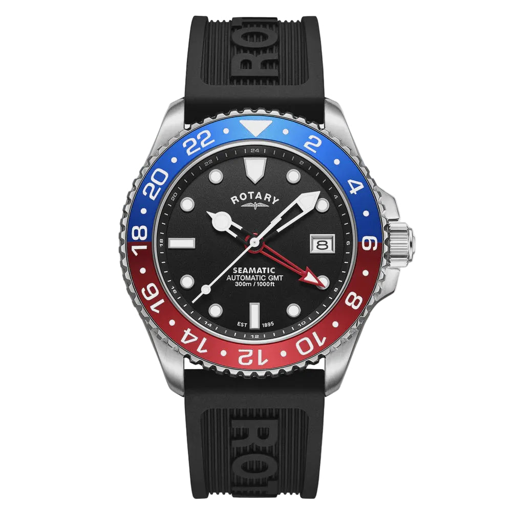 Rotary Seamatic GS04378/95 automatic GMT dive watch with blue and red Pepsi bezel, black dial, and silicone strap
